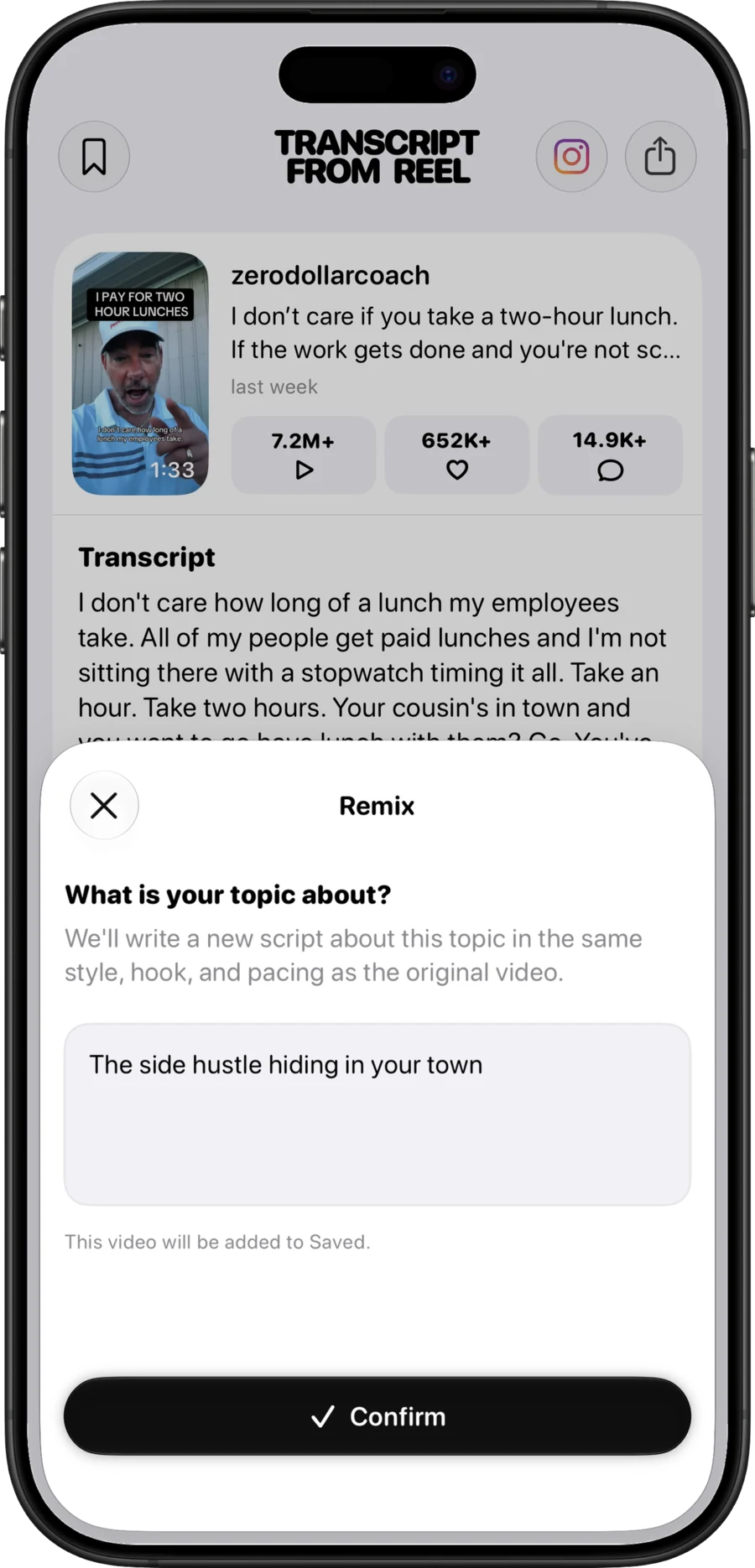 Typing a topic to remix a viral video's script
