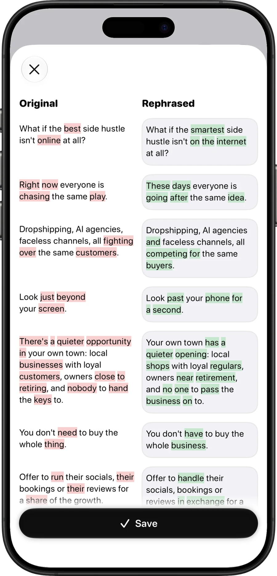 A script and its rephrased version side by side