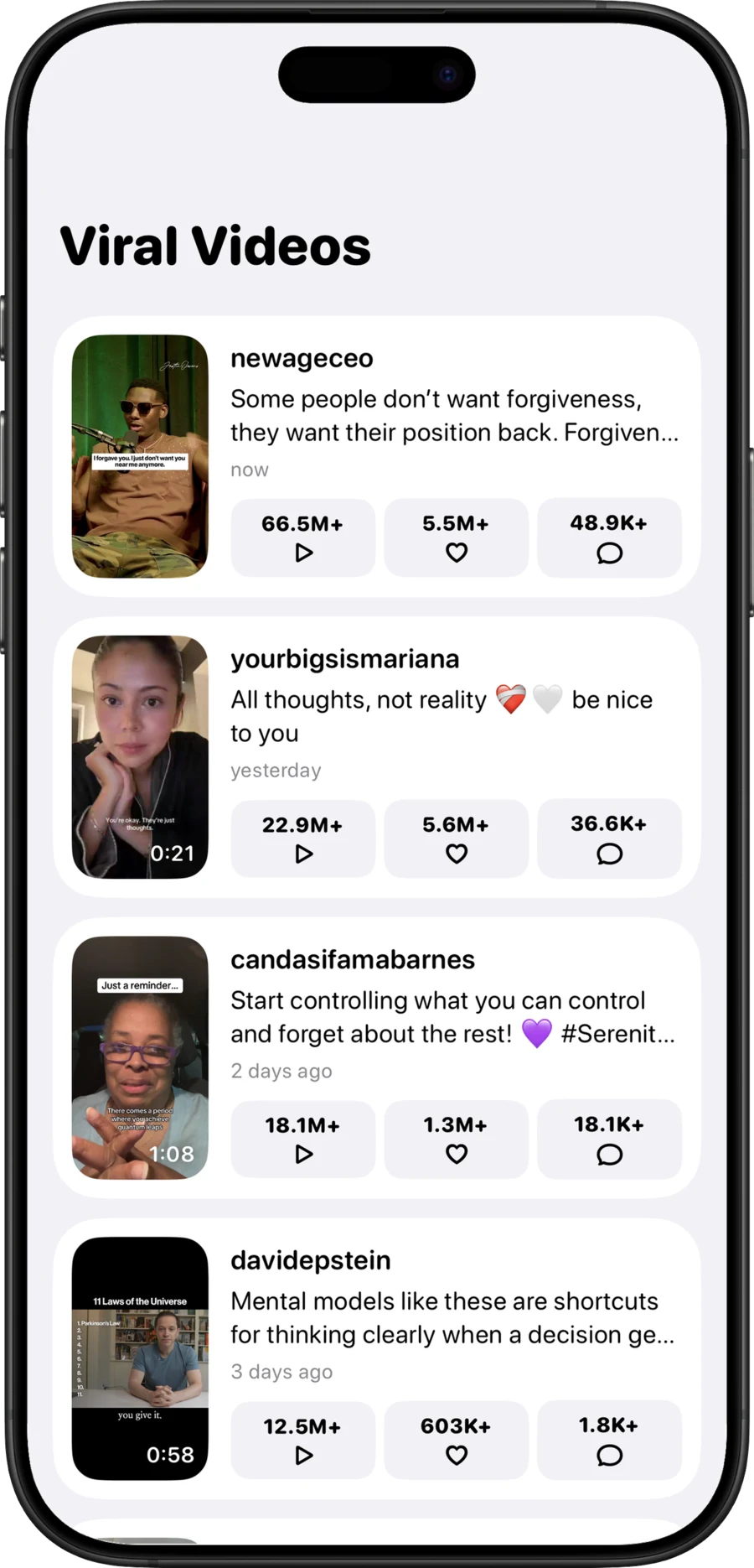 The Viral tab listing viral videos in the app